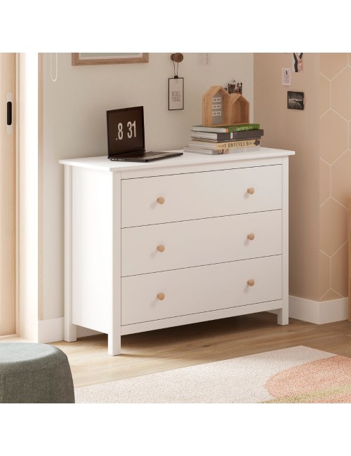 Comò Max 3 cassetti in legno massiccio bianco 100x40x80H
