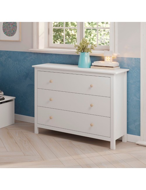 Comò Max 3 cassetti in legno massiccio bianco 100x40x80H