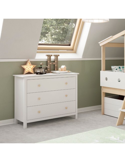 Comò Max 3 cassetti in legno massiccio bianco 100x40x80H