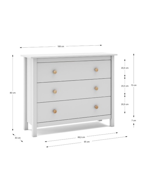 Comò Max 3 cassetti in legno massiccio bianco 100x40x80H