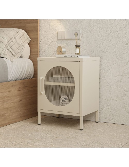 Comodino in metallo Diora crema con anta reticolata – Design industriale, anima versatile