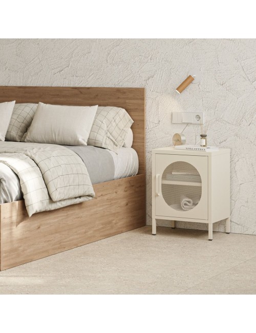 Comodino in metallo Diora crema con anta reticolata – Design industriale, anima versatile