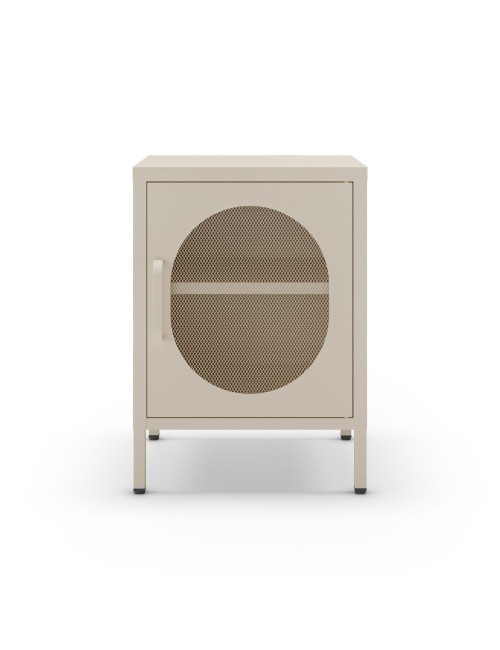 Comodino in metallo Diora crema con anta reticolata – Design industriale, anima versatile