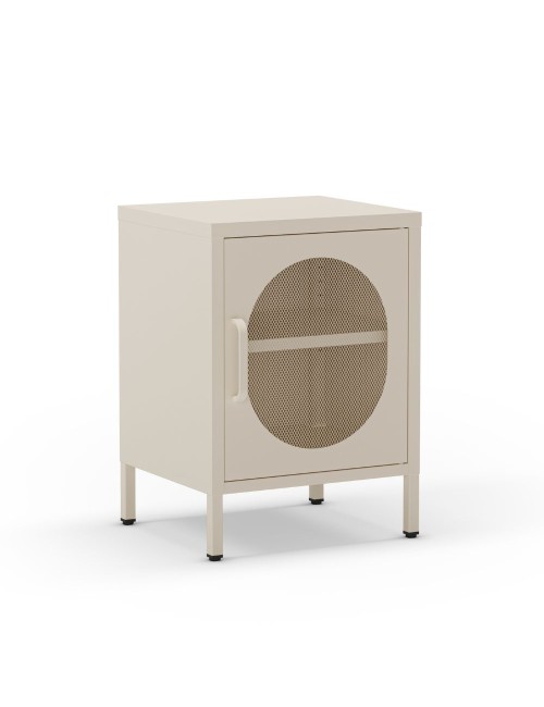 Comodino in metallo Diora crema con anta reticolata – Design industriale, anima versatile