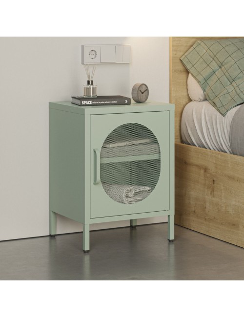 Comodino in metallo Diora verde menta con anta reticolata – Design industriale, anima versatile