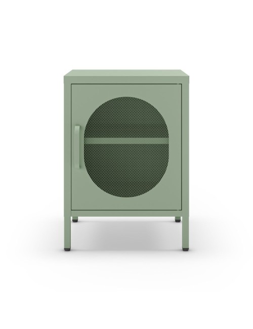 Comodino in metallo Diora verde menta con anta reticolata – Design industriale, anima versatile