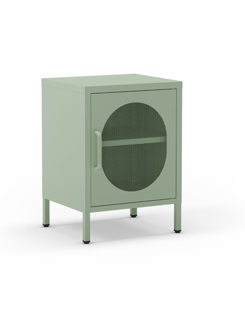 Comodino in metallo Diora verde menta con anta reticolata – Design industriale, anima versatile