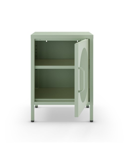 Comodino in metallo Diora verde menta con anta reticolata – Design industriale, anima versatile