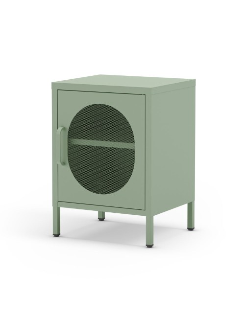 Comodino in metallo Diora verde menta con anta reticolata – Design industriale, anima versatile