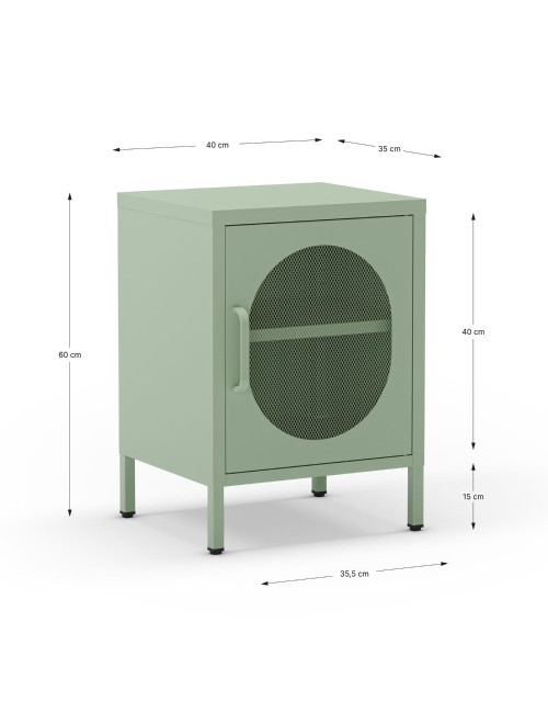 Comodino in metallo Diora verde menta con anta reticolata – Design industriale, anima versatile