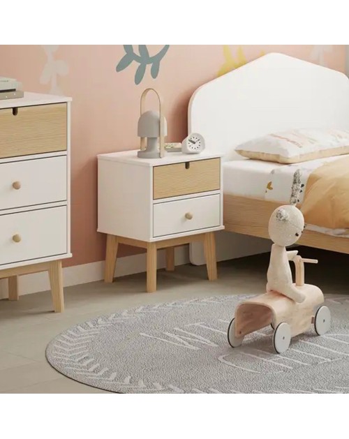 Comodino Estefania in legno con 2 cassetti bianco e pino – stile nordico essenziale