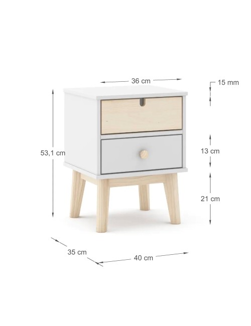 Comodino Estefania in legno con 2 cassetti bianco e pino – stile nordico essenziale
