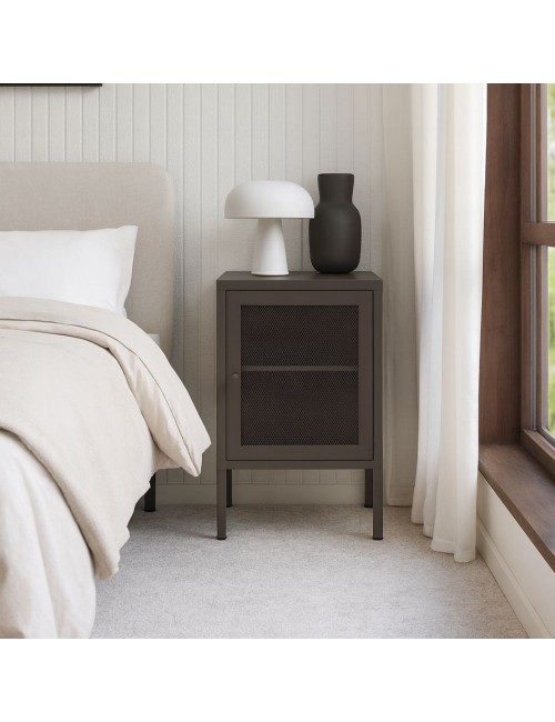 Comodino Fayna in metallo mocha con anta reticolata 40x35x60H – Design industriale