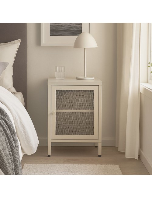 Comodino Fayna in metallo sabbia con anta reticolata 40x35x60H – Design industriale