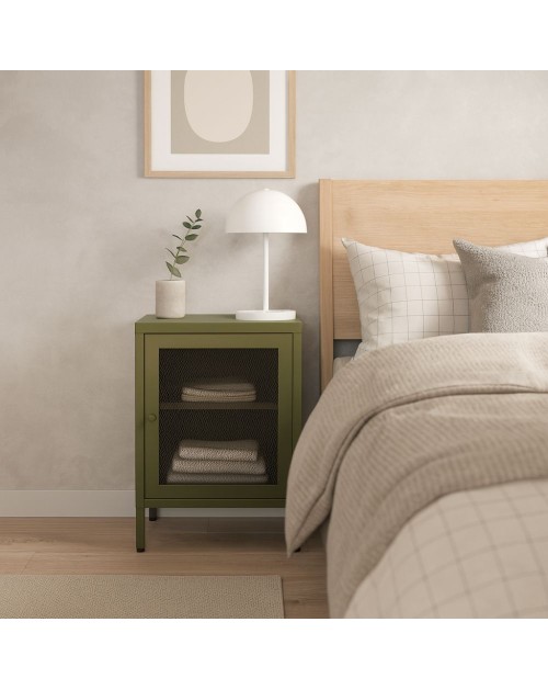 Comodino Fayna in metallo verde con anta reticolata 40x35x60H – Design industriale