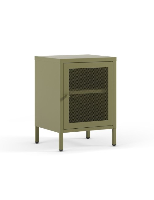 Comodino Fayna in metallo verde con anta reticolata 40x35x60H – Design industriale