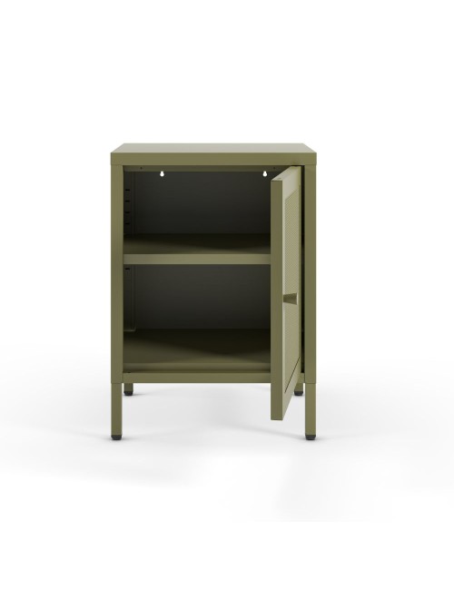 Comodino Fayna in metallo verde con anta reticolata 40x35x60H – Design industriale