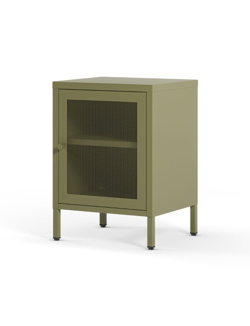 Comodino Fayna in metallo verde con anta reticolata 40x35x60H – Design industriale
