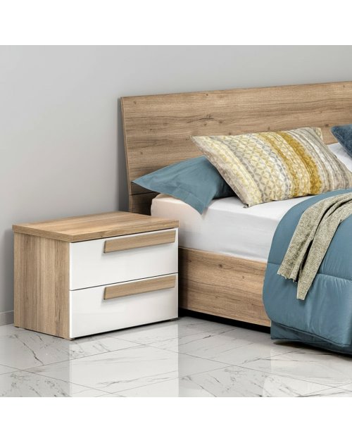 Comodino Melodia 2 cassetti Rovere Caramello e Bianco Lucido – Eleganza Moderna e Funzionalità