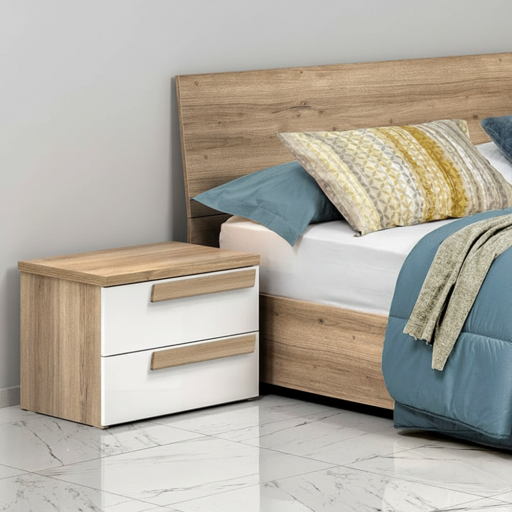 Comodino Melodia 2 cassetti Rovere Caramello e Bianco Lucido – Eleganza Moderna e Funzionalità