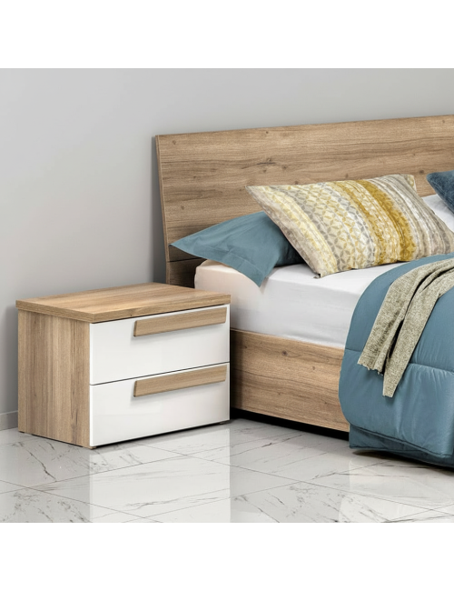 Comodino Melodia 2 cassetti Rovere Caramello e Bianco Lucido – Eleganza Moderna e Funzionalità