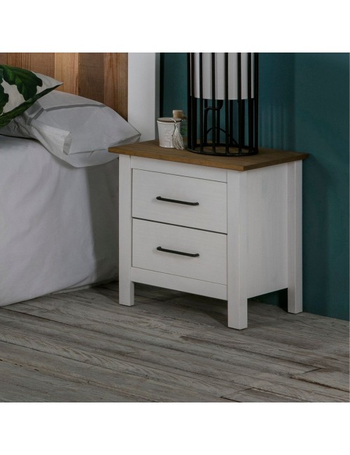 Comodino Miranda bianco con top pino e 2 cassetti in legno massiccio