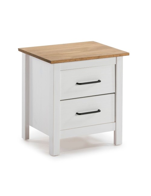 Comodino Miranda bianco con top pino e 2 cassetti in legno massiccio