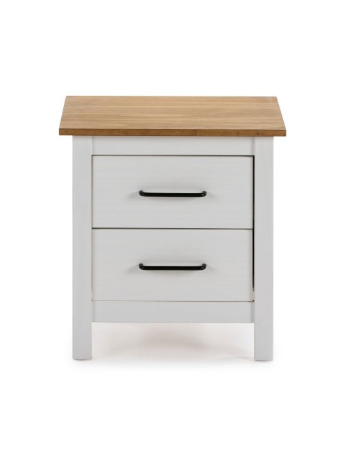 Comodino Miranda bianco con top pino e 2 cassetti in legno massiccio