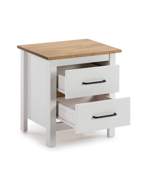 Comodino Miranda bianco con top pino e 2 cassetti in legno massiccio