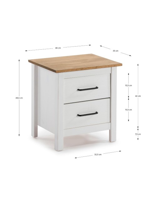 Comodino Miranda bianco con top pino e 2 cassetti in legno massiccio