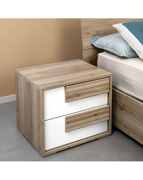 Comodino Selva 2 Cassetti rovere caramello e Bianco Lucido – Stile contemporaneo