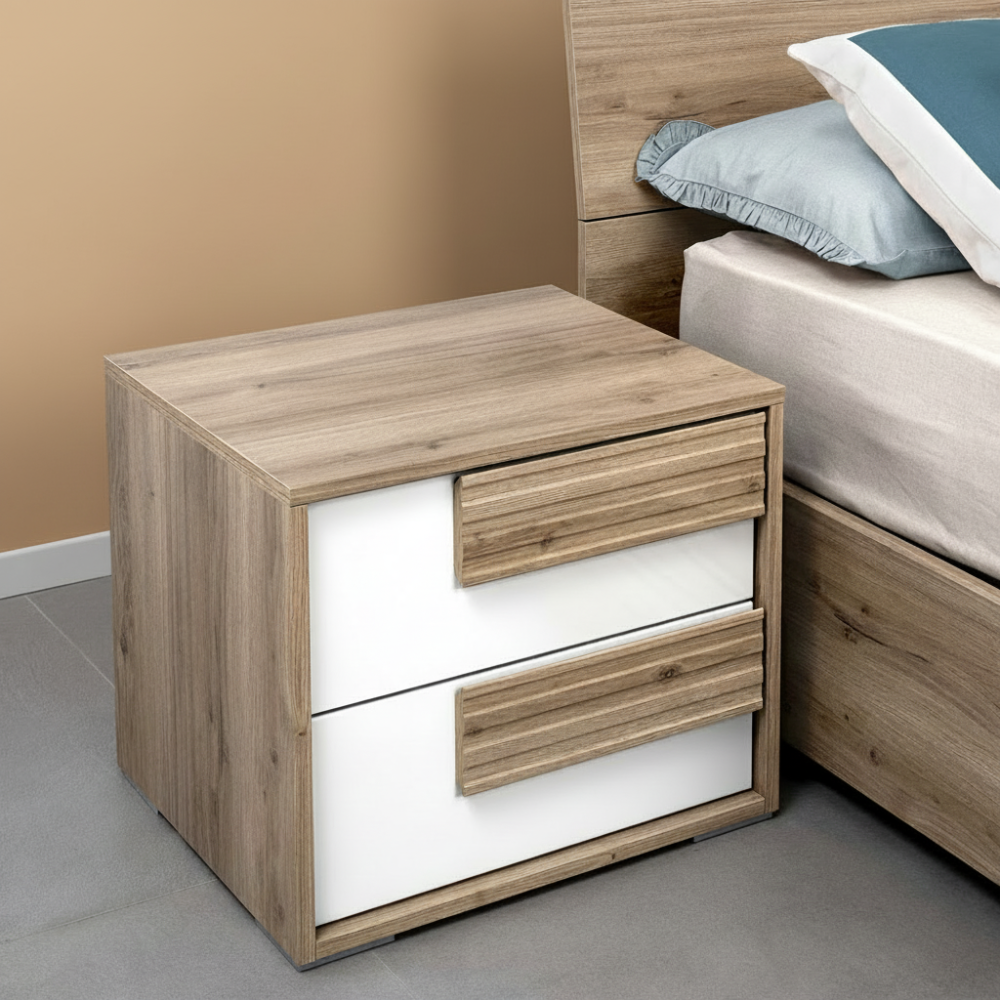 Comodino Selva 2 Cassetti rovere caramello e Bianco Lucido – Stile contemporaneo