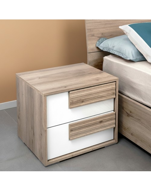 Comodino Selva 2 Cassetti Olmo e Bianco Lucido – Eleganza Naturale Moderna
