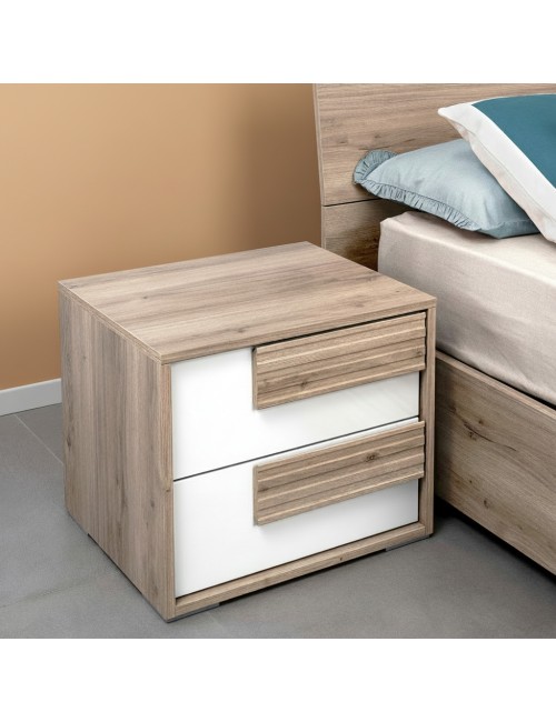 Comodino Selva 2 Cassetti Olmo e Bianco Lucido – Eleganza Naturale Moderna