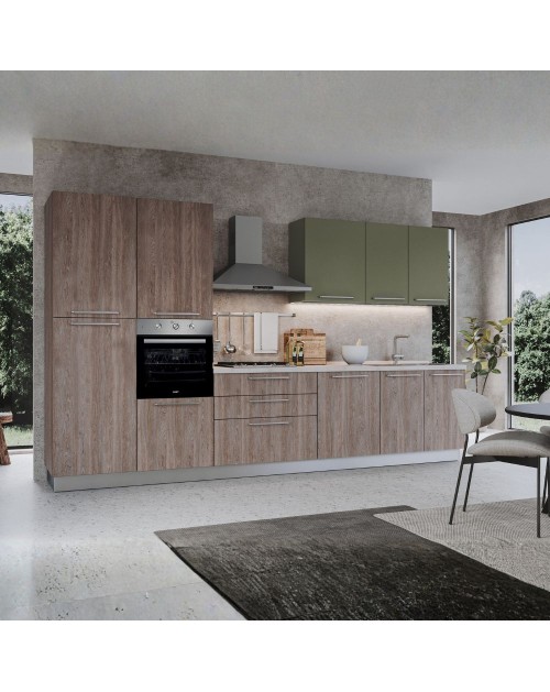 Cucina 360 cm con elettrodomestici Iris colore noce stelvio verde pesto