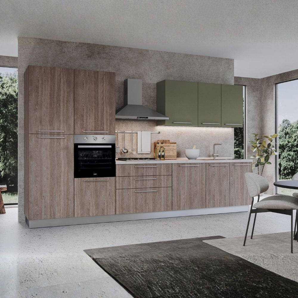 Cucina 360 cm con elettrodomestici Iris colore noce stelvio verde pesto