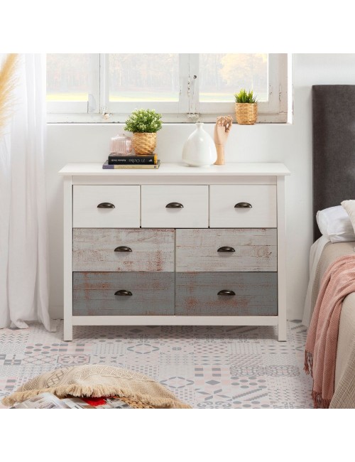 Comò in legno massiccio bianco e grigio Romantica 110x40x80H  – Eleganza Naturale con 7 cassetti