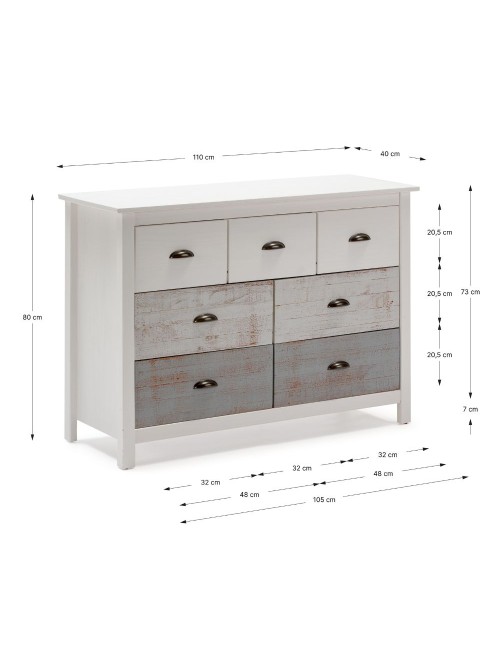 Comò in legno massiccio bianco e grigio Romantica 110x40x80H  – Eleganza Naturale con 7 cassetti