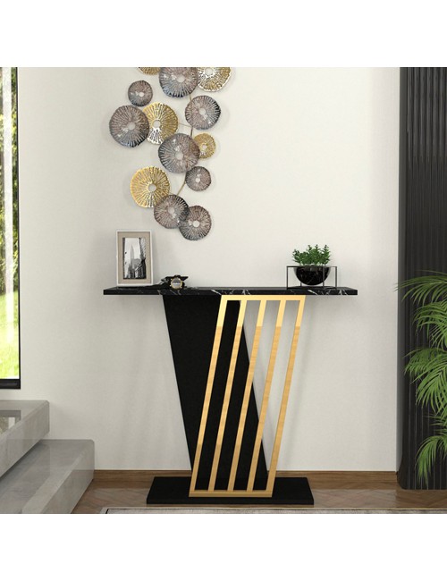 Consolle ingresso Gravity Effetto Marmo Nero con Struttura Nera e Dettagli Oro