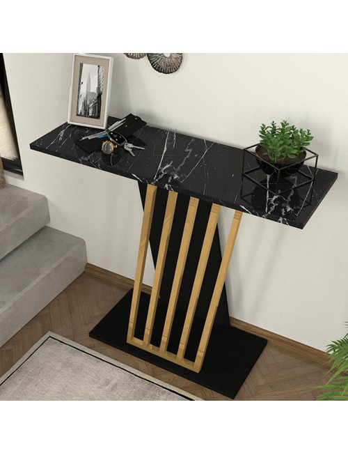 Consolle ingresso Gravity Effetto Marmo Nero con Struttura Nera e Dettagli Oro