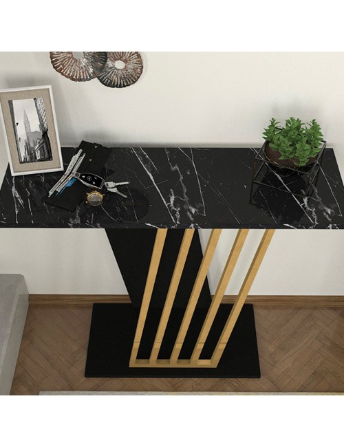 Consolle ingresso Gravity Effetto Marmo Nero con Struttura Nera e Dettagli Oro