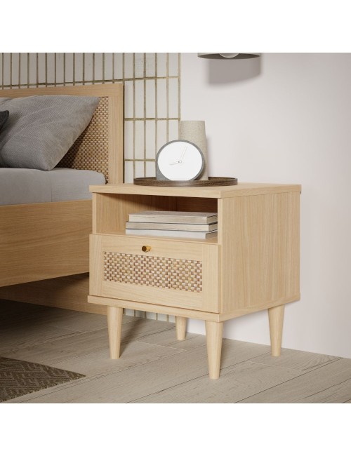 Comodino Livia 1 cassetto in rovere con dettaglio effetto rattan 45.4x41.4x54.5H