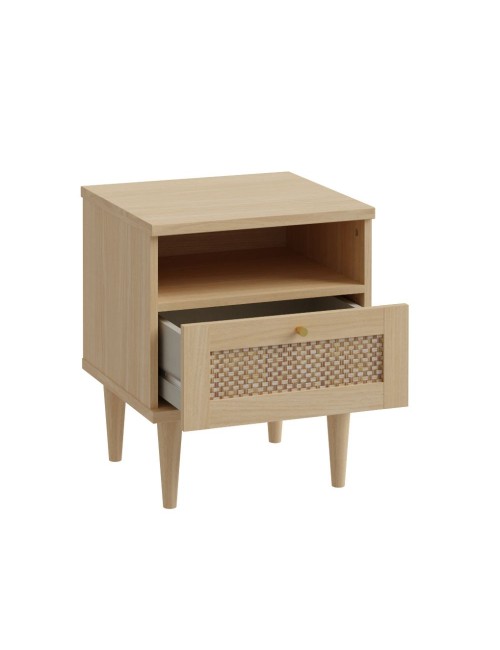Comodino Livia 1 cassetto in rovere con dettaglio effetto rattan 45.4x41.4x54.5H