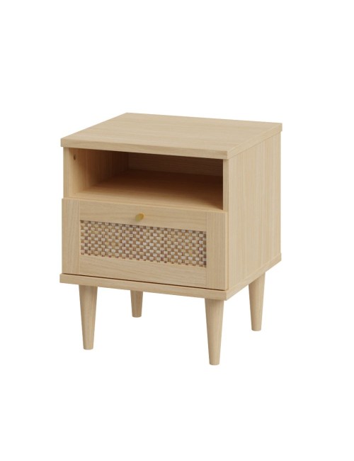 Comodino Livia 1 cassetto in rovere con dettaglio effetto rattan 45.4x41.4x54.5H
