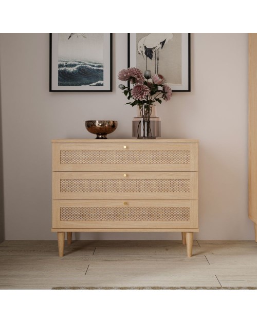 Cassettiera Livia 3 cassetti in rovere con dettagli effetto Rattan 90.4x41.4x80H