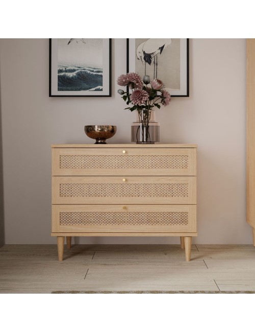 Cassettiera Livia 3 cassetti in rovere con dettagli effetto Rattan 90.4x41.4x80H