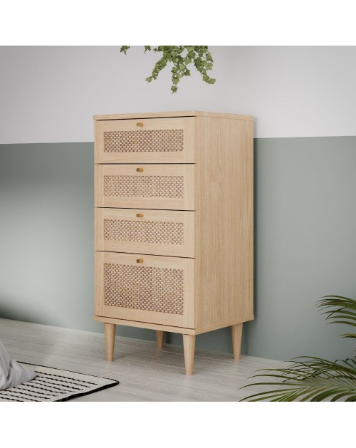 Cassettiera Livia 4 cassetti in rovere con dettagli effetto Rattan 50.4x41.4x109H