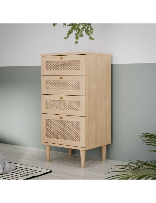 Cassettiera Livia 4 cassetti in rovere con dettagli effetto Rattan 50.4x41.4x109H