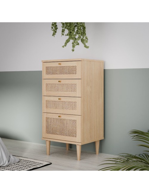 Cassettiera Livia 4 cassetti in rovere con dettagli effetto Rattan 50.4x41.4x109H