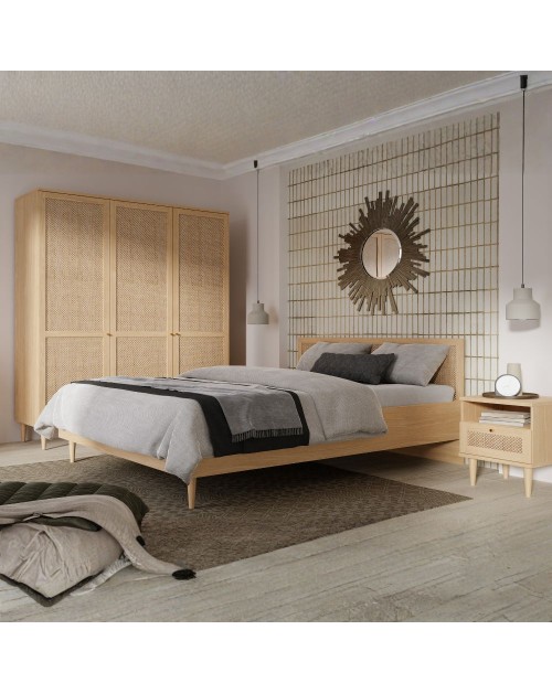 Letto matrimoniale Livia con testiera effetto rattan colore rovere